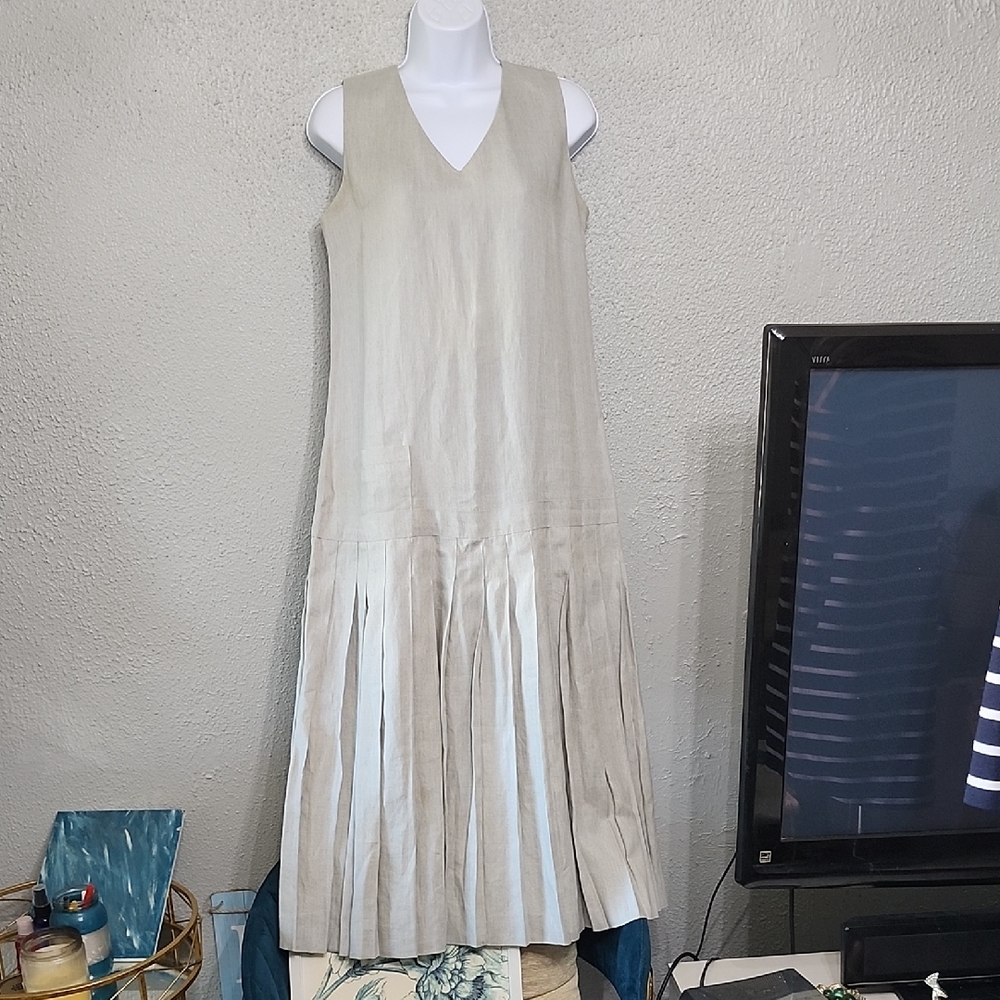 The J Peterman Company Linen Pleated Sleeveless Dress Sz. 6 Vintage